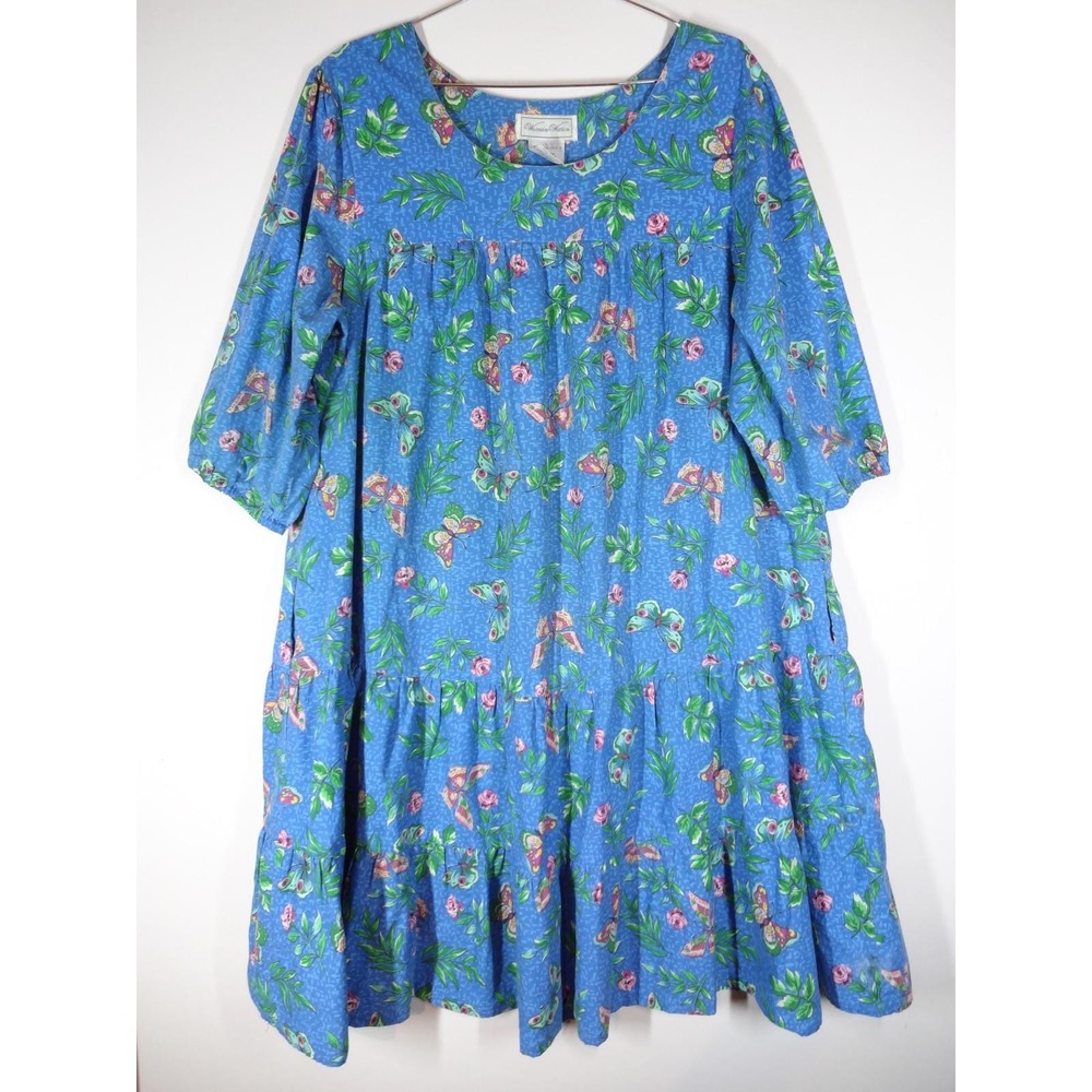VTG Woman Within Smock House Dress Large Blue Butterfly Floral Cottagecore